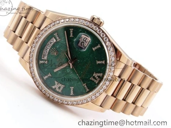 Good Copy Rolex Watches Edition RG on TWSF 36 Diamonds Diamonds Date Bezel Day SmartChoice Green 1608 Best Dial Roman RG A Bracelet 0114
